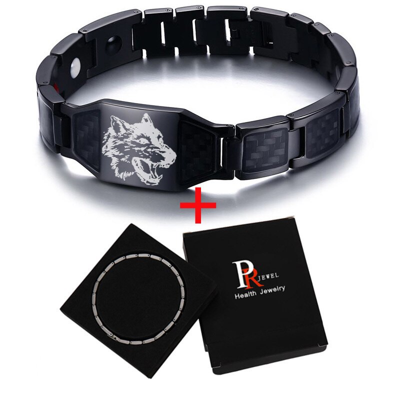 Stylish Wolf Bracelets for Men Black Bio Energy Carbon Fiber Chain Stainless Steel Jewelry: Bracelet