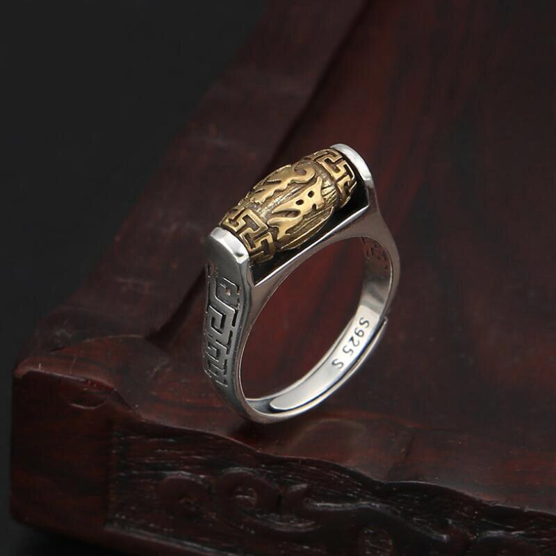 Fatti a mano In Argento 925 Tibetani Sei Parole Proverbio Anello Tornitura Anello Buona Fortuna Anello Resizable: Silver Brass