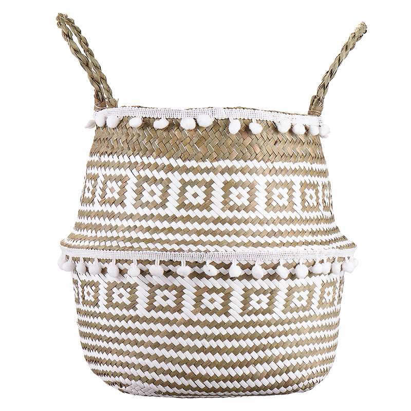 Cesta de almacenamiento tejida para algas, Cestas colgantes de mimbre para plantas, florero de jardín, maceta plegable con asa y bola pequeña: White Ball / L 32x28cm