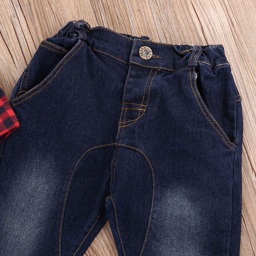 2 stks Kids Baby Boy red plaid lange mouwen Bodysuit pocket knop + Jeans Broek Outfits Kleding Set 0-18 M