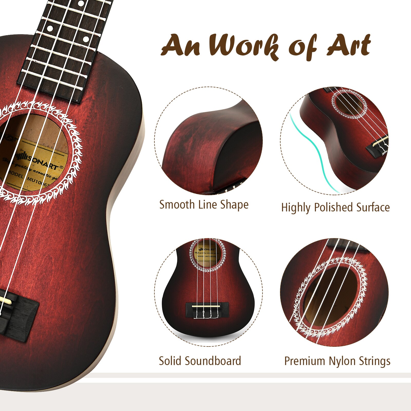 Kit Ukulele en bois, 53CM, pour débutants, accordeur numérique, petit démarreur, Instrument de guitare hawaïenne marron/rouge