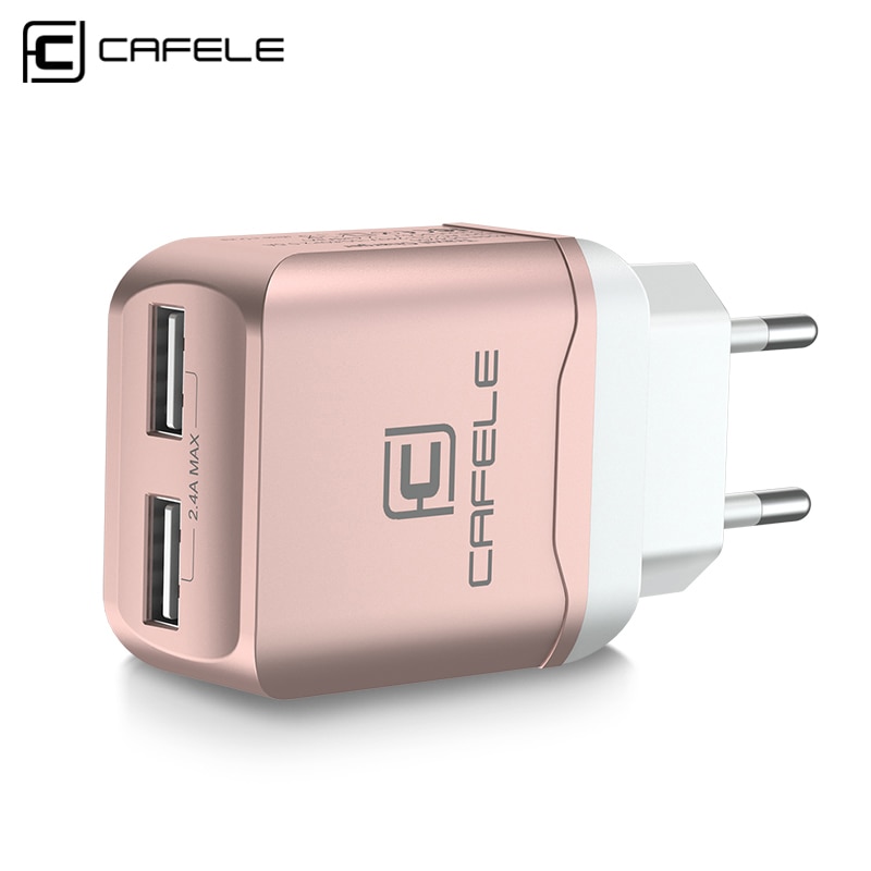 CAFELE EU Charger Plug Travel USB 2.4A Dual output Universal Adapter Charger Smart Phone Charger with 2 in 1 Retractable cable