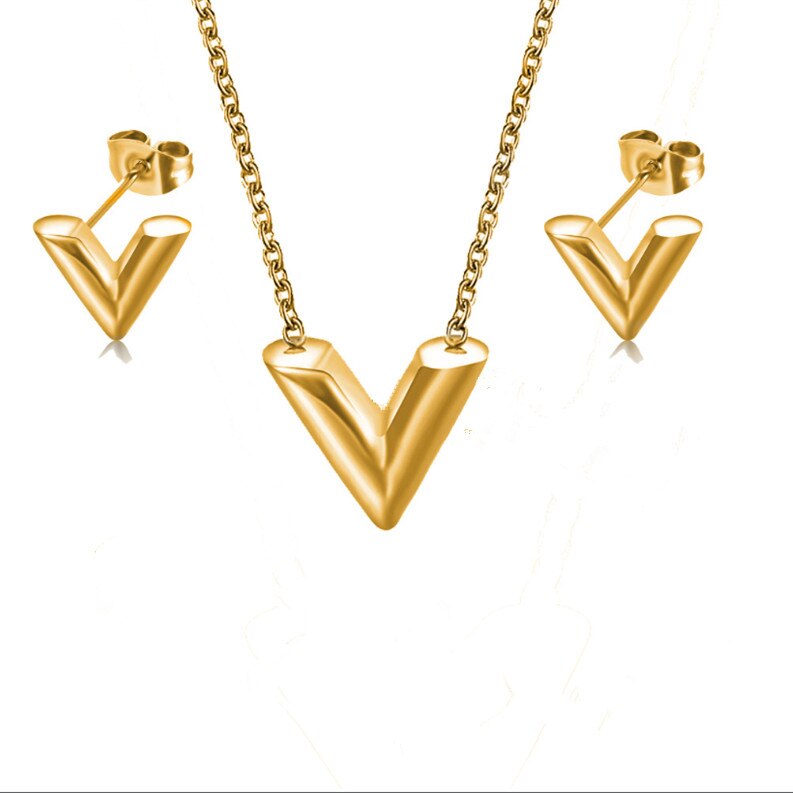 jewelry set, jewelry set Letter “V" Silver Earring Necklace Beauty Women AGMXEHXL-S