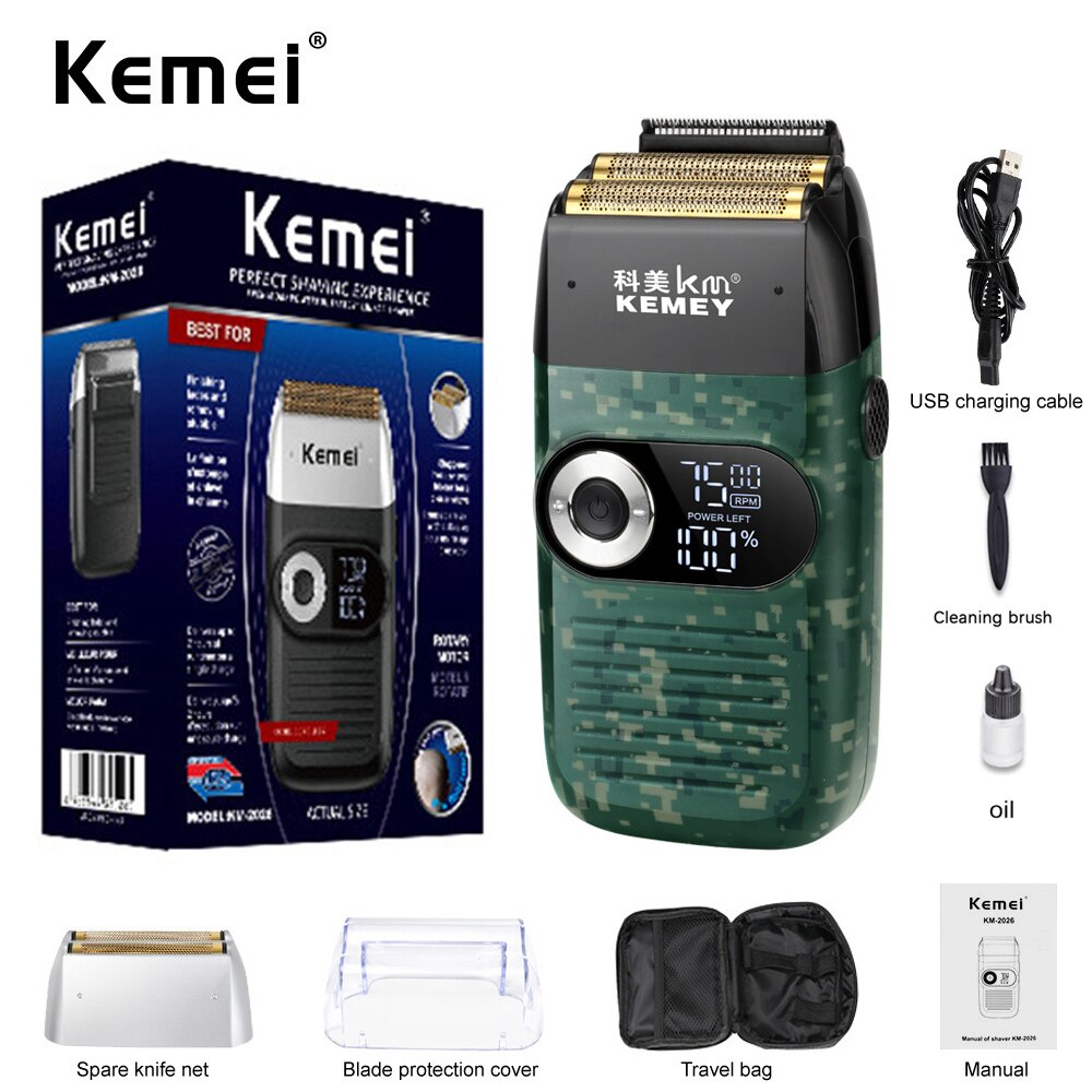 Kemei 2 In 1 Electric Shaver for Men Rechargeable Portable Cordless Men Reciprocating Razor Beard Trimmer LCD Display KM-2026: Camouflage with box