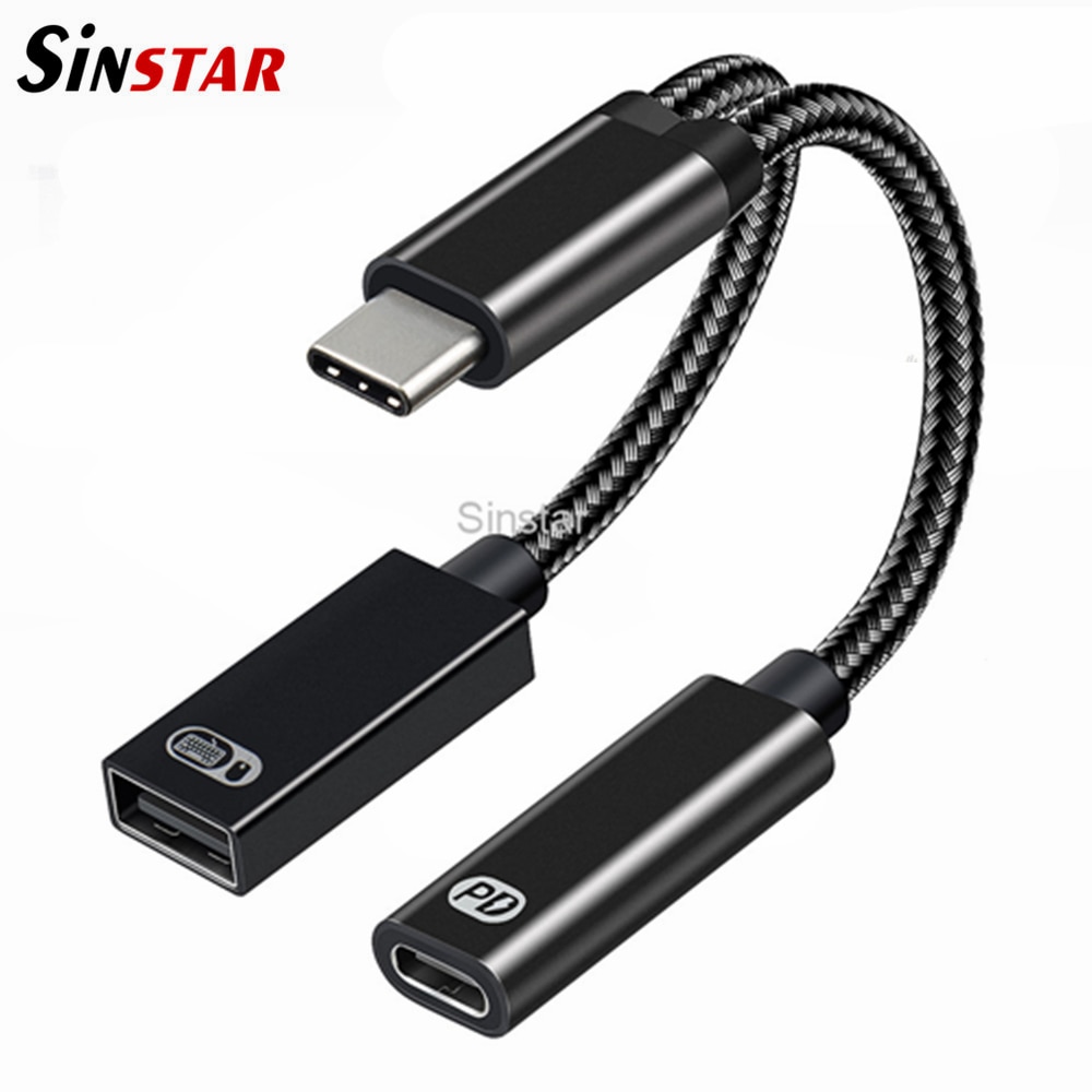 USB C OTG Cable Phone Adapter 2in1 Type C Male to USB C Female Charging Port with USB Female Splitter Adapter for Samsung Google