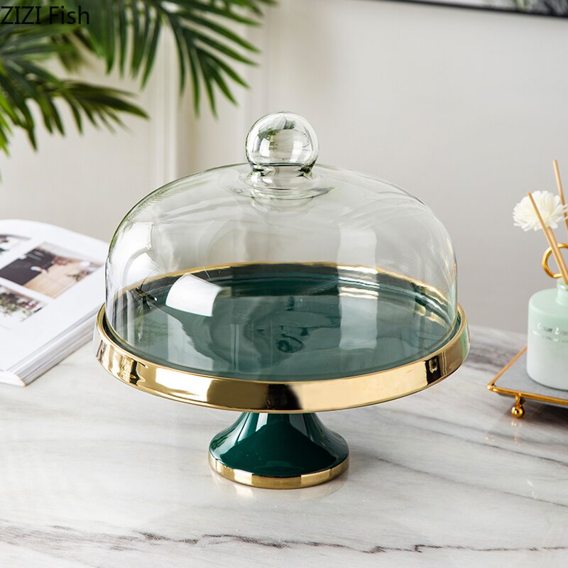 Ceramic Dessert Table Cake Plate with Glass Lid Hotel Restaurant High Foot Fruit Plate Decoration Tasting Plate Home Tableware