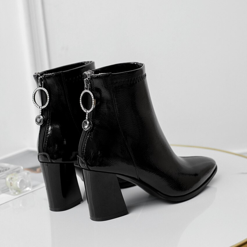 QUTAA Crystal Zipper puntiagudo Toe botines PU cuero Otoño Invierno mujeres zapatos cuadrado tacón alto botas cortas tamaño 34-43