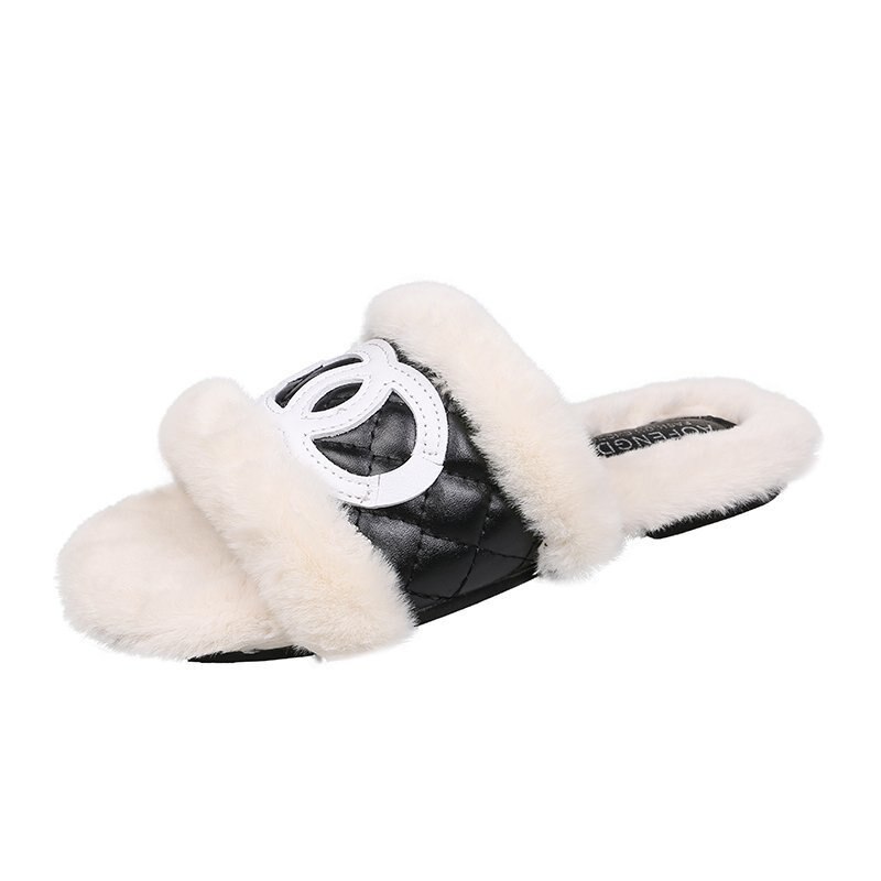Mærke pels hjemmesko kvinder hjem fluffy sliders komfort lodne efterårs lejligheder dame sko kvindelige lodne indendørs klipklapper: Beige / 6
