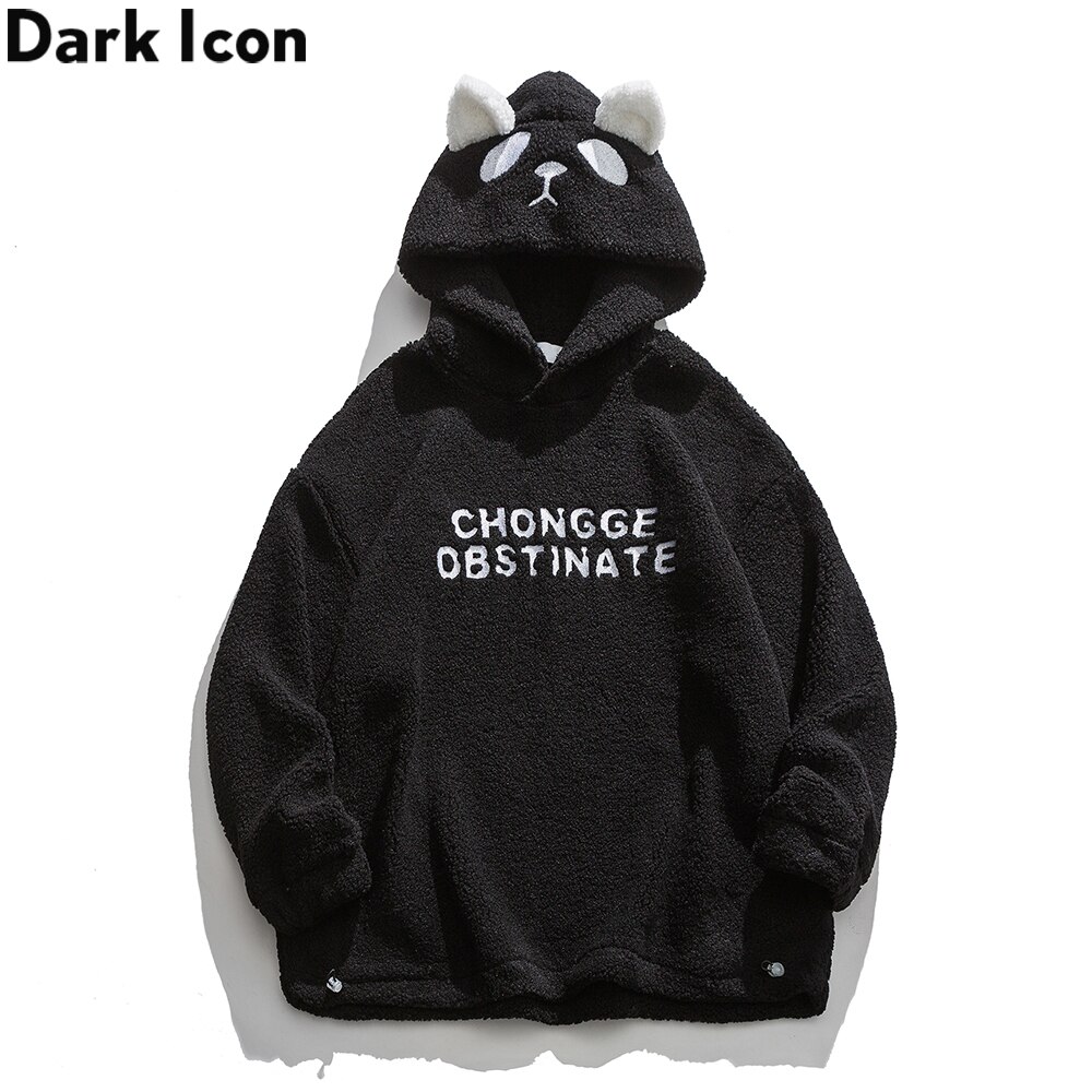 Dark Icon Panda Lovely Sherpa Hoodie Men Women Letters Embroiery Oversized Men's Hoodies Student Hoodie Boy Girl Sweatershirts