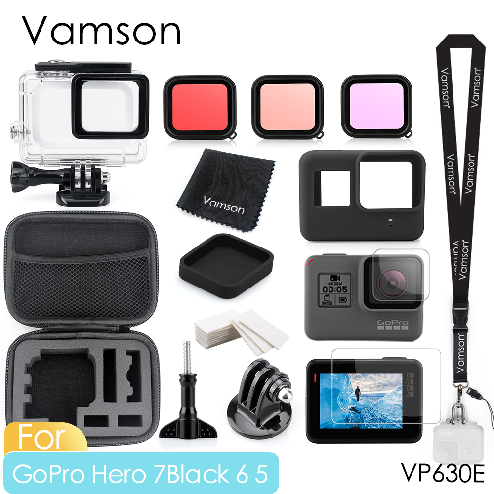 Vamson Voor Gopro Hero 7 6 5 Zwart Waterdichte Bescherming Behuizing Case Duiken 60M Accessoires Kit Voor Go Pro 7 6 5 Camera VP630