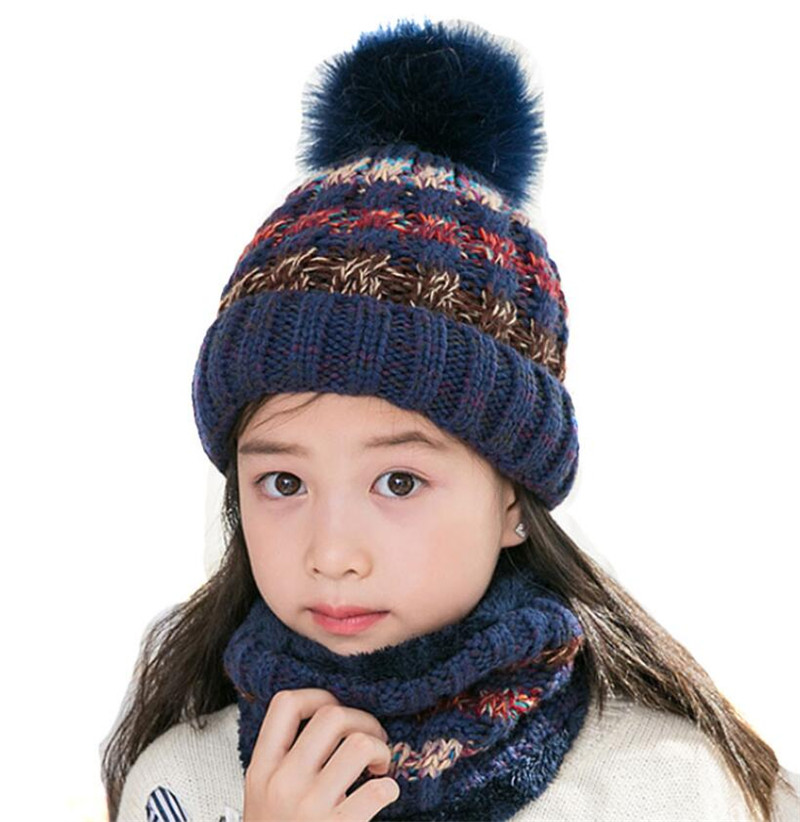 Conjunto de gorro y bufanda de punto para niño y niña, gorro cálido de felpa y anillo, bufanda de colores mezclados, gorro con pompón grande para niño, bufandas de invierno: Azul marino