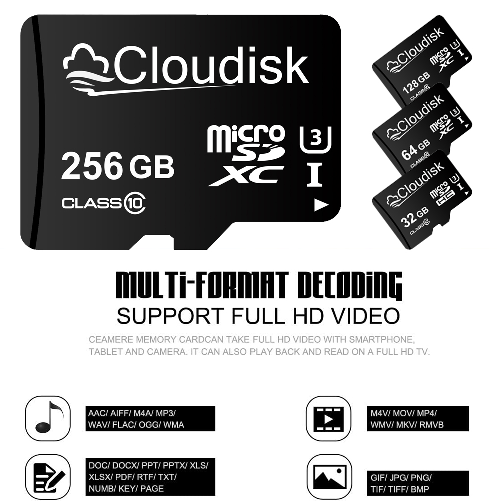 Cloudisk Micro SD Memory Card U3 128GB 64GB 32GB 256GB V30 C10 16GB 8GB 4GB 2GB 1GB A1 Microsd Cards For Phone Tablet