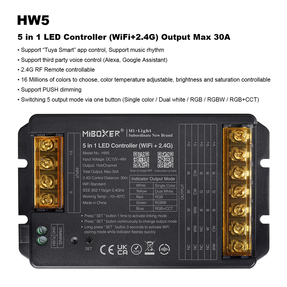 Miboxer hw2 2 em 1 hw5 5 em 1 2.4ghz wifi + controlador rf grande corrente máxima 30a para cor única/branco duplo/rgb/rgbw/rgb + cct tira conduzida: Verde claro