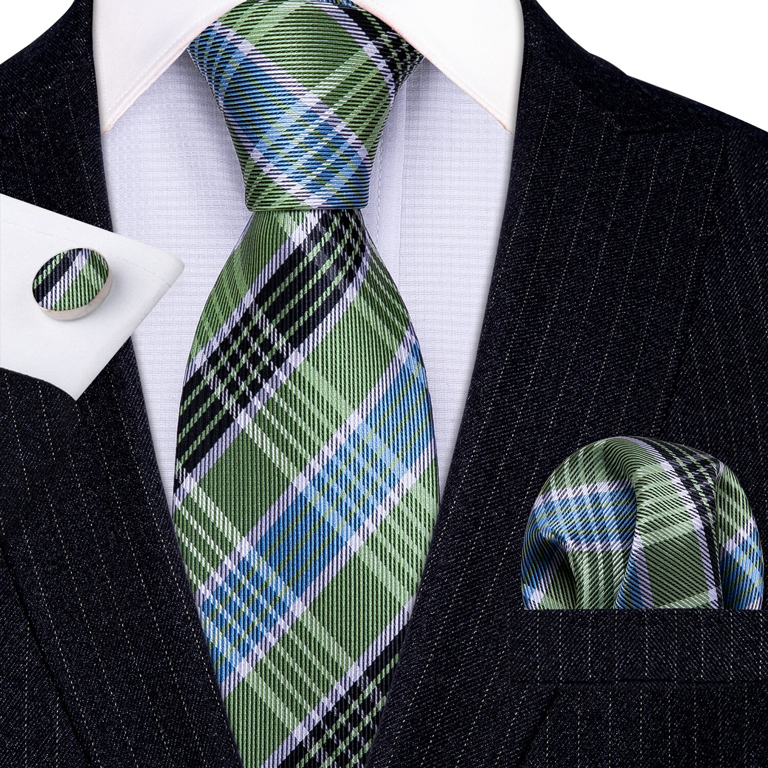 Luxury Green Plaid 100% Silk Tie For Men Suit Wedding Tie Barry.Wang NeckTies Hanky Sets Business LN-5327