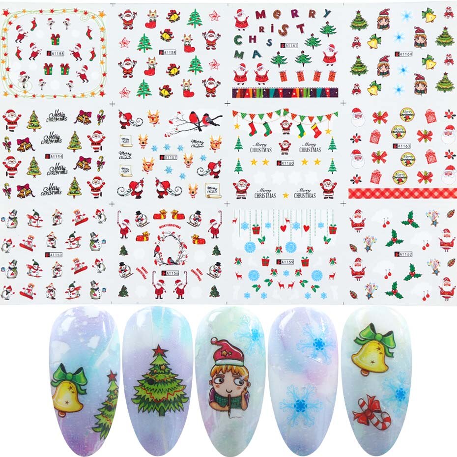 12 st jul nagelklistermärken set santa älg snögubbe vattenöverföringsreglage för naglar tecknad vinter år manikyr jibn/a -1: A1153-1164