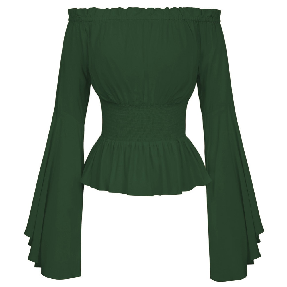 Women Medieval Renaissance Solid Color Bell Sleeve Ruffled Off Shoulder Blouse for Halloween: Green L XL
