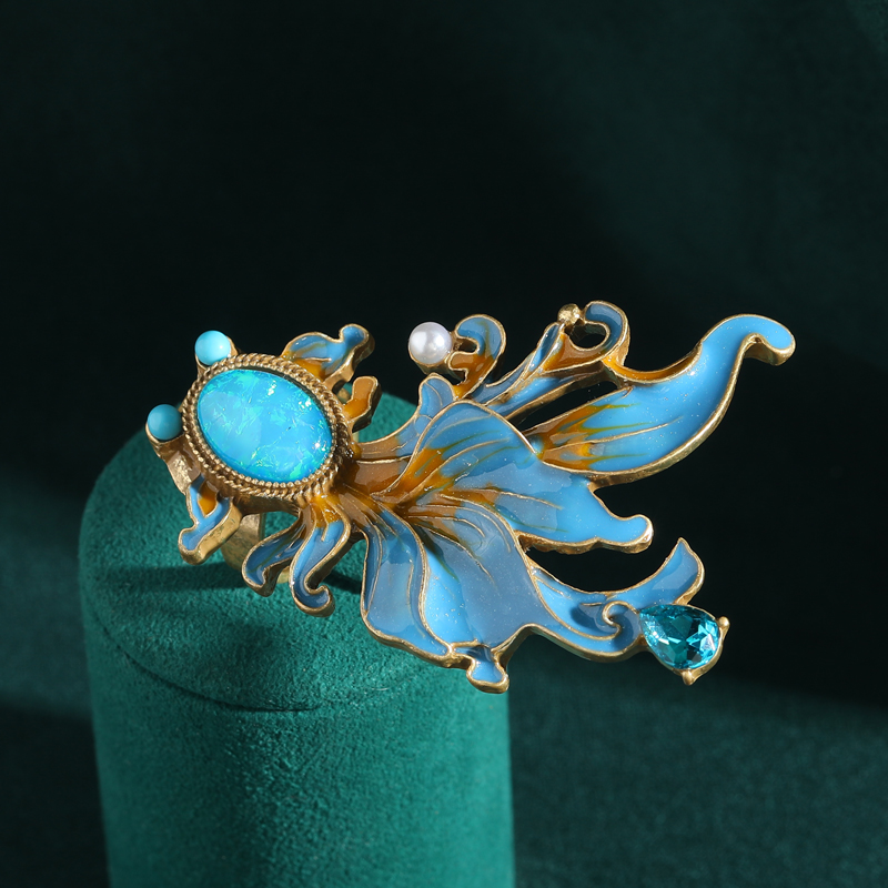 Anillos de pez dorado azul esmaltados Vintage, Color dorado, piedra de lujo, accesorios de joyería antigua de animales, de compromiso para mujer,: Default Title