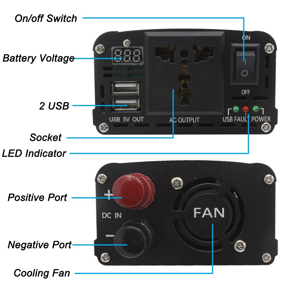 2600W Power Inverter LED Dual USB DC 12V to AC 220V Portable Charger Converter Adapter Modified Sine Wave for home TV phone