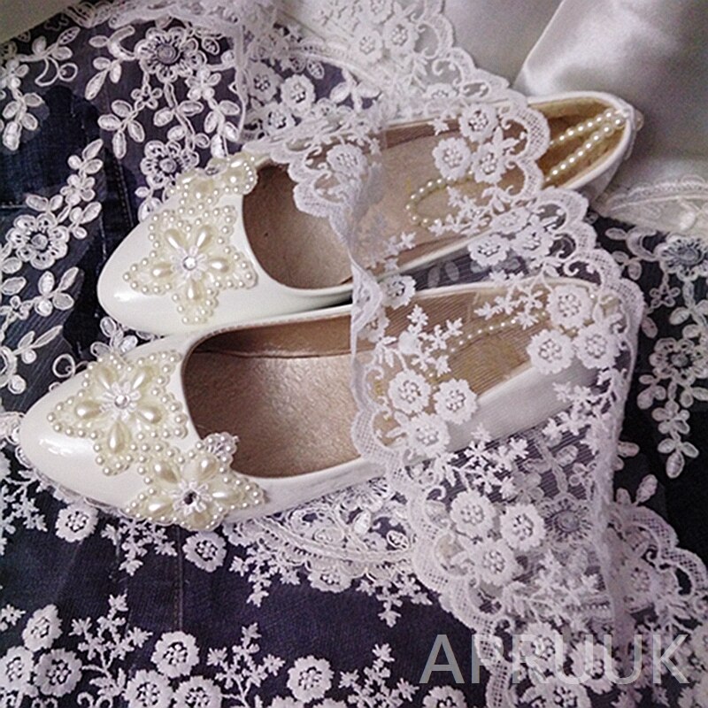 Ivoor Parels bruiloft schoenen bruid platte hak handgemaakte plus maten 41 42 43 dames bloem meisjes party dansen flats elastische bandjes