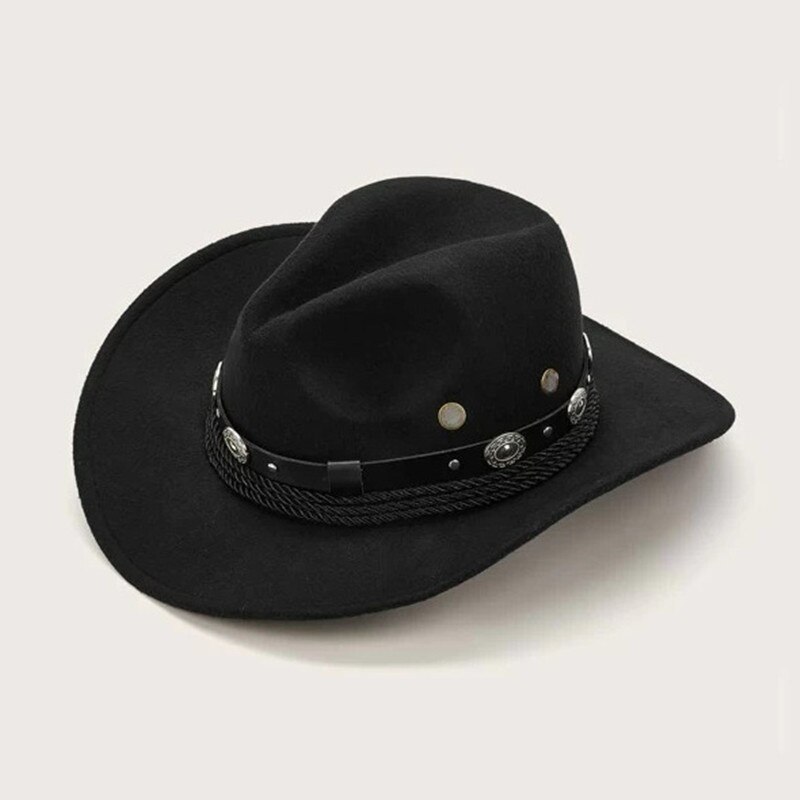 ESTILO OCCIDENTAL negro Sombrero vaquero de lana para mujeres chica enrolladas ala vaquera Unisex Jazz ecuestre Sombrero tapa con Tauren cinta