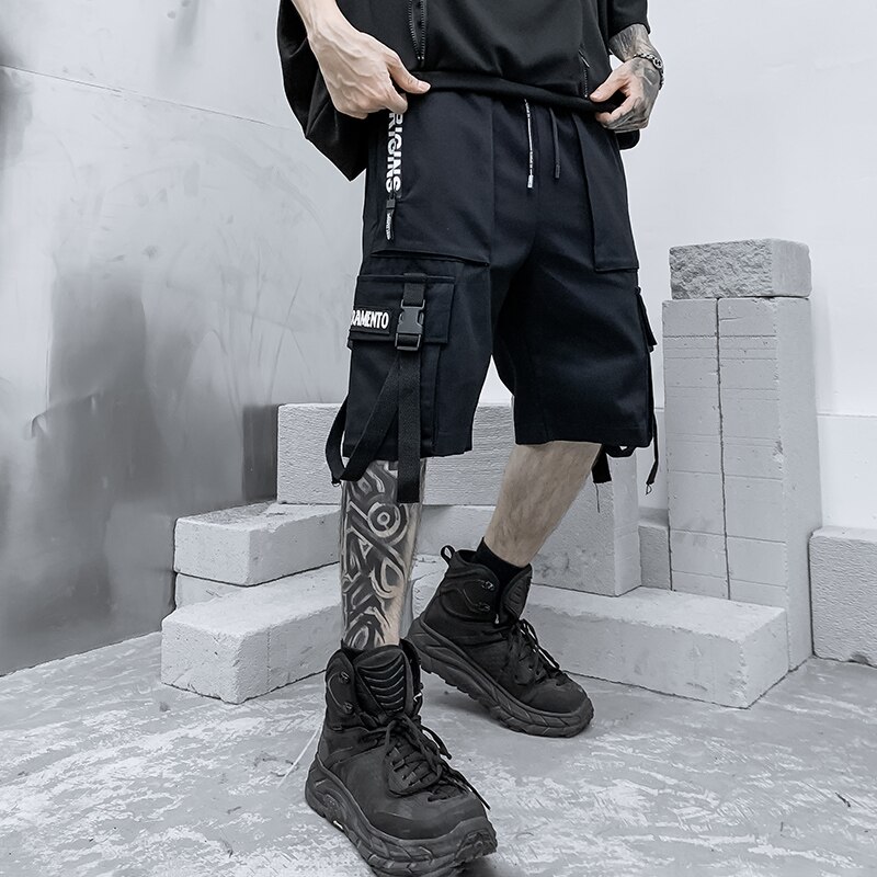 Ropa de calle para hombre, pantalones cortos informales con cintas de Hip Hop, Bermudas hasta la rodilla, pantalones cortos de playa para hombre, M-XXXL, verano,