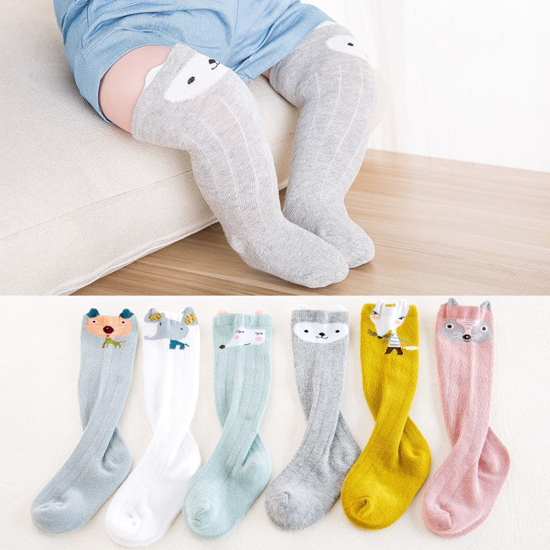 Tegneserie nyfødt baby sokker dyreprint baby pige dreng knæ sokker bomuld småbørn spædbørn piger knæ høje sokker sokken 0-12m: Stil 1 grå 0-12m