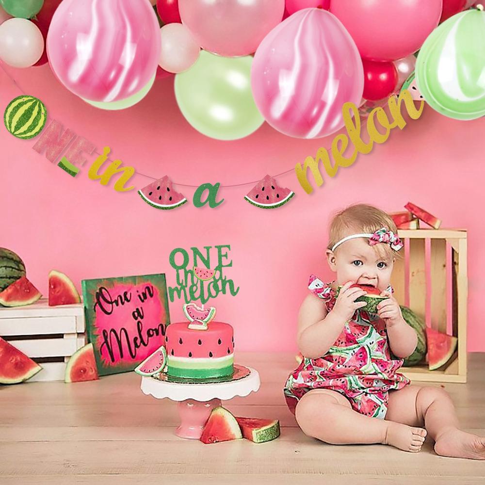 QIFU 1st Birthday Party Decorations Kids Summer Watermelon Party Cake Topper Bunting Flag Decor Pink Baby Shower Party Supplies