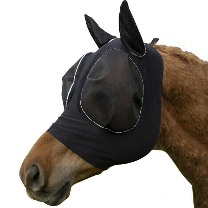 1pc anti-fly mesh heste maske hest maske stretch bug øje hest fly maske med tildækkede ører hest fly maske lang næse med ører: Sort