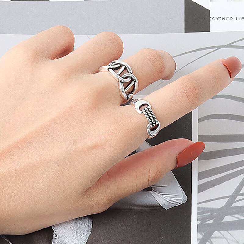 Foxanry 925 Sterling Silver Trendy Rings for Women Simple Hollow Geometric Handmade Party Jewelry