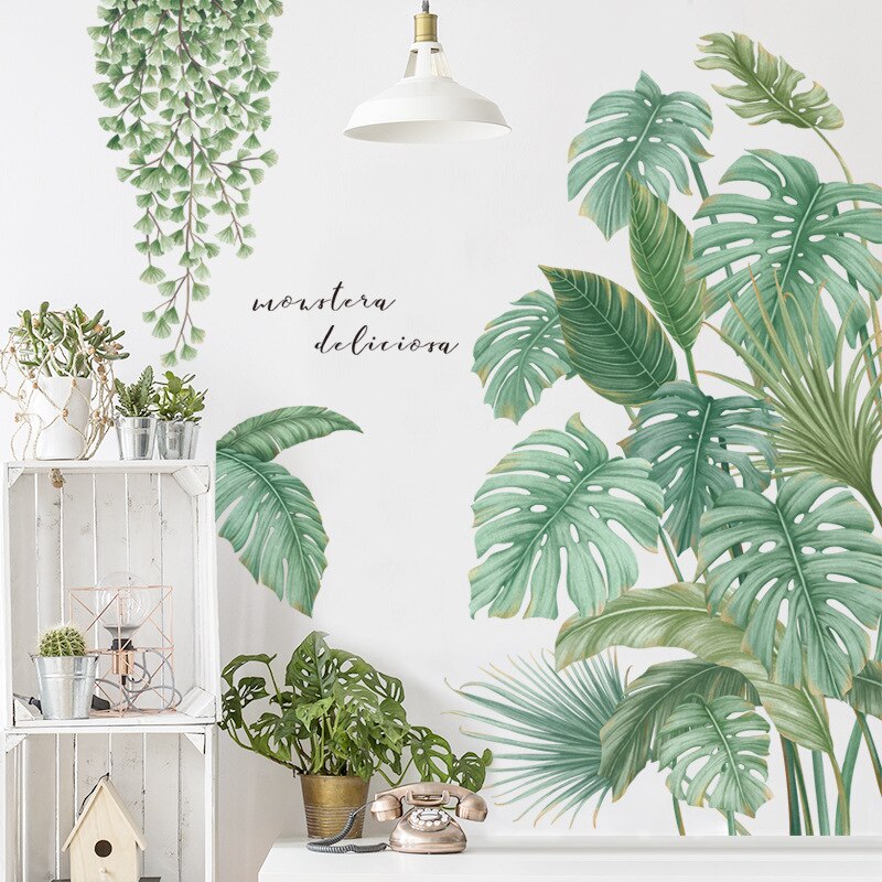 Estilo nórdico, hojas de plantas tropicales, pegatinas de pared para sala de estar, dormitorio, vinilo ecológico, Póster Artístico con calcomanías para decoración del hogar