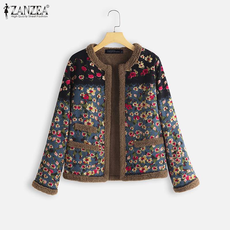 Vintage Open Voorzijde Pluche Pluizige Jassen ZANZEA Winter Bloemen Gedrukt Jassen Vrouwen Lange Mouw Uitloper Vrouwelijke Jas Chaqueta