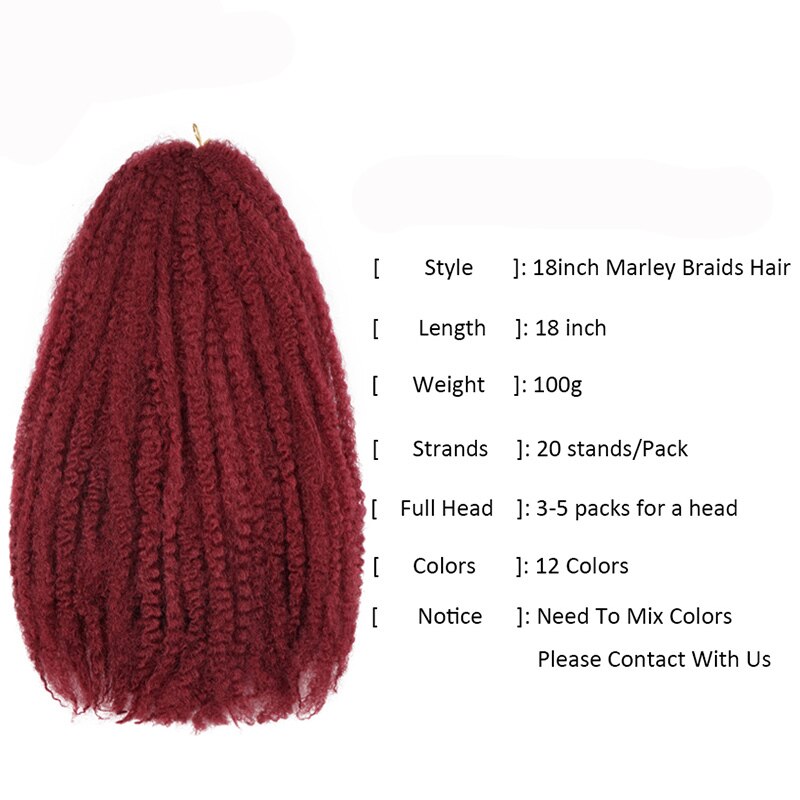 18 Inch Marley Braids Twist Crochet Braiding Hair Burgundy Synthetic Afro Kinky Curly Marley Braids Hair Extensions