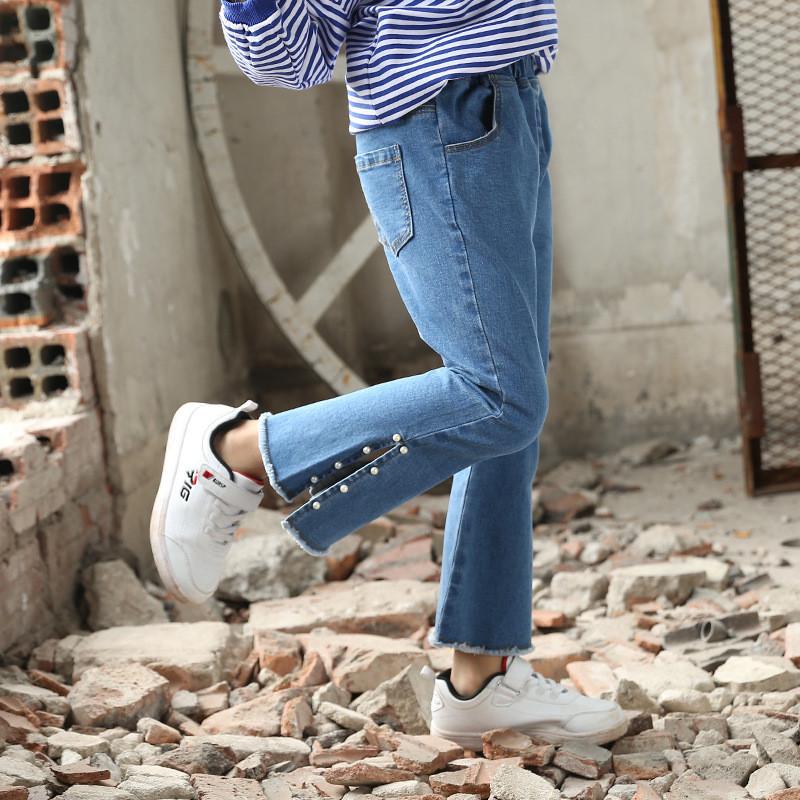 Barn jente pearls dongeribukse tenåring jente elastisk flared jeans bukse barneklær fritidsklær legging  q859