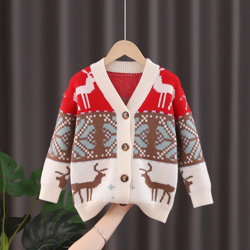 Ins Girls Sweaters Knit Children Christmas Sweaters Girls Winter Fleece Cardigans Girls&#39; Cardigans: Beige / 10