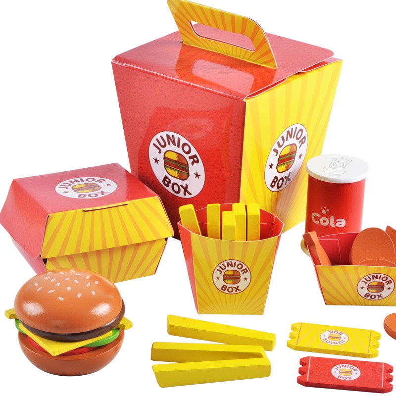 Simulering træhamburger fries fastfood mdeol sæt børn foregiver legetøj skabe stabling burger kombinationer børn: Default Title