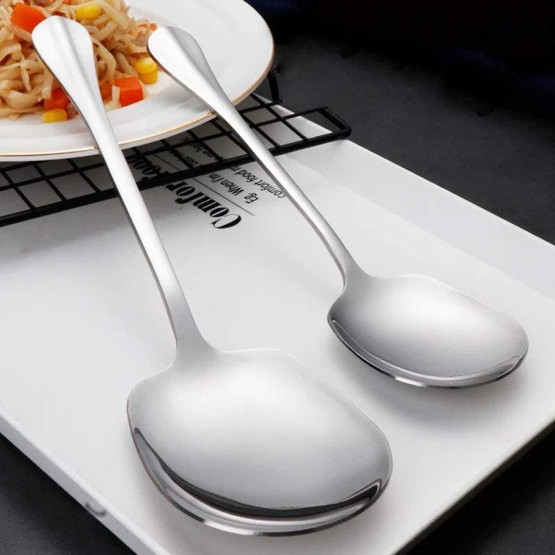 Cuchara grande de acero inoxidable para cena en casa, cuchara pública gruesa, cucharas de sopa con mango largo, vajilla para servir Buffet de cabeza redonda, 1/4 Uds.