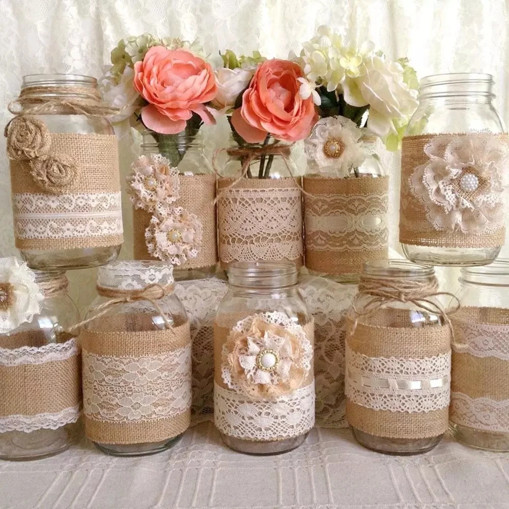 Cinta de encaje de arpillera de yute Natural de 2 metros y 5cm con borde de encaje blanco, decoración rústica de boda para boda, cintas artesanales con lazo DIY