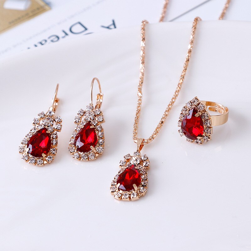 Trendy Party Goud Kleur Water Shape Crystal Oorbellen Ketting Verstelbare Ringen Bruids Sieraden Sets Voor Vrouwen: Red