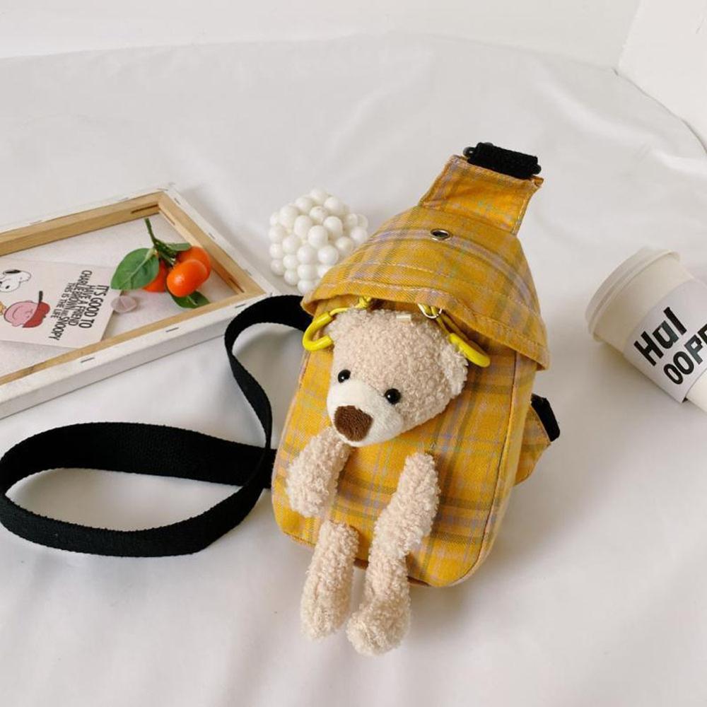 Mode Vrouwen Schattige Beer Gecontroleerd Messenger Tas Dames Canvas Tas Plaid Patroon Borst Tas Schoudertas: Yellow