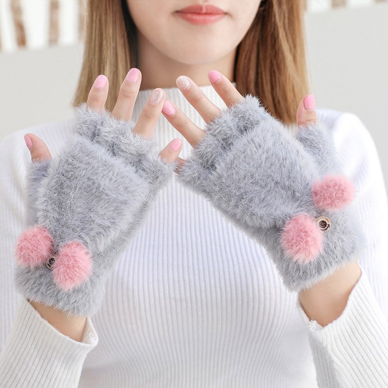 Winter Warme Zachte Konijnenbont Knit Mittens Vrouwen Flip Half Vinger Pluche Dikke Leuke Cartoon Kat Klauw Touchscreen Rijden handschoenen I1: C Gray