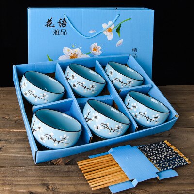 Japanse Kersenbloesem Keramische Kom Set Magnetron Kleine Klassieke Salade Noodle Ramen Rijst Soepkom Met Eetstokjes Servies: 6PCS blue