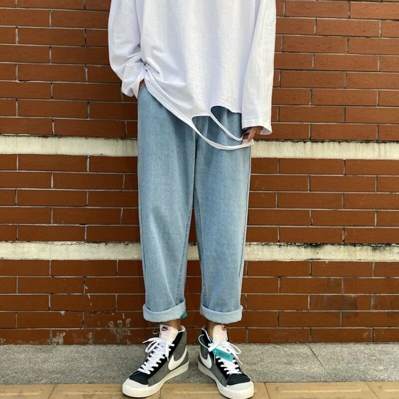 Jeans mænd solid snøre fritid ankellang fritid chic herre plus size lige denimbukser matchende streetwear ulzzang