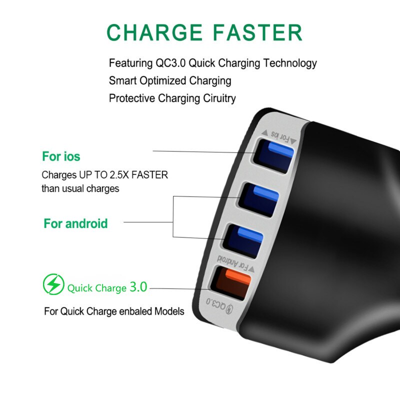 Quick Charge 3.0 Auto 4 Poorten Snel Opladen Auto Telefoon Oplader Voor Iphone 12 Pro Max Samsung Xiaomi Auto Mobiele telefoon Fast Charger