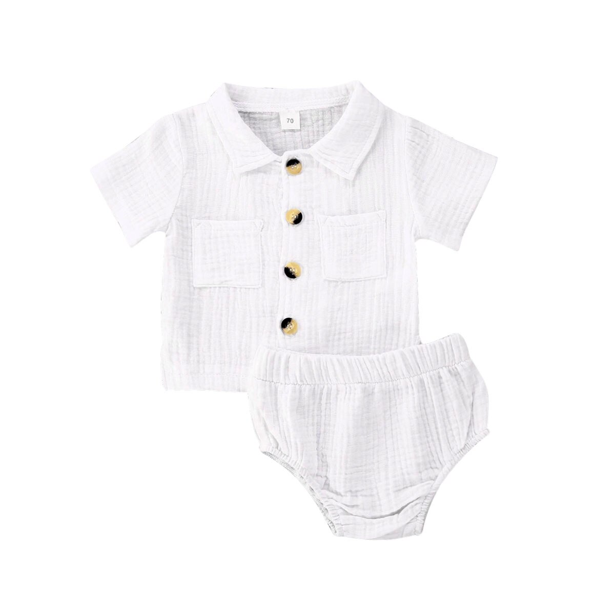 Baby pige dreng 2 stk outfit sæt solid plisseret button-down foldet krave kortærmet top skjorte trekant elastik bukser sæt: Hvid / 6m