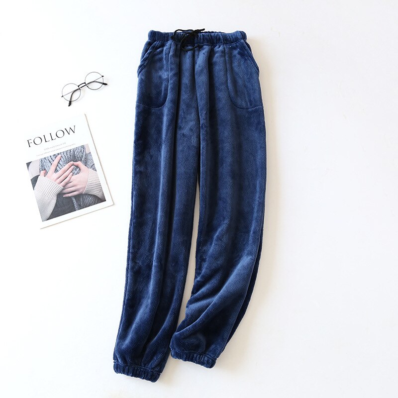 Winter Sleeping Trousers Flannel Fleece Warm Sleep Bottoms Solid Color Pants Casual Lounge Pants With Pockets
