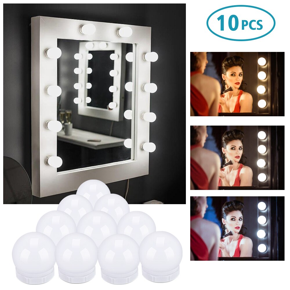 Usb 5v led makeup makeup spejl pære 10 stk hollyhood lys sæt 3 farver dæmpbart toiletbord spejl lys væglampe