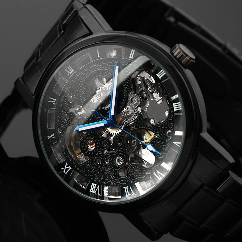 Zwarte Mannen Skeleton Horloge Rvs Antieke Steampunk Casual Automatic Skeleton Mechanische Horloges Mannelijke