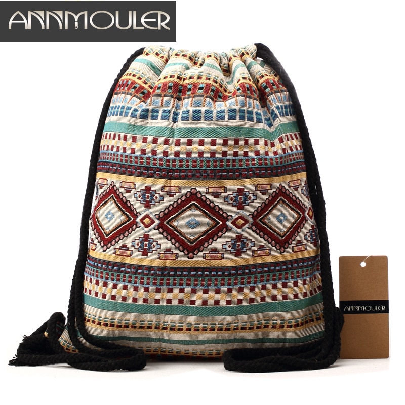 Annmouler dames vintage rugzak merk canvas schoudertas bohemian stijl koordtas reis opberg organizer katoenen tribal tas