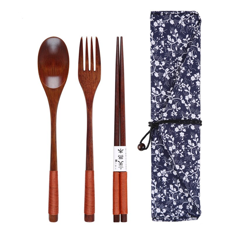 Houten Lepel Vork Eetstokjes Set Draagbare Outdoor Bestek Set Japanse Stijl Servies Set Lange Steel Lepel Houten Servies: Brown Blue Pouch