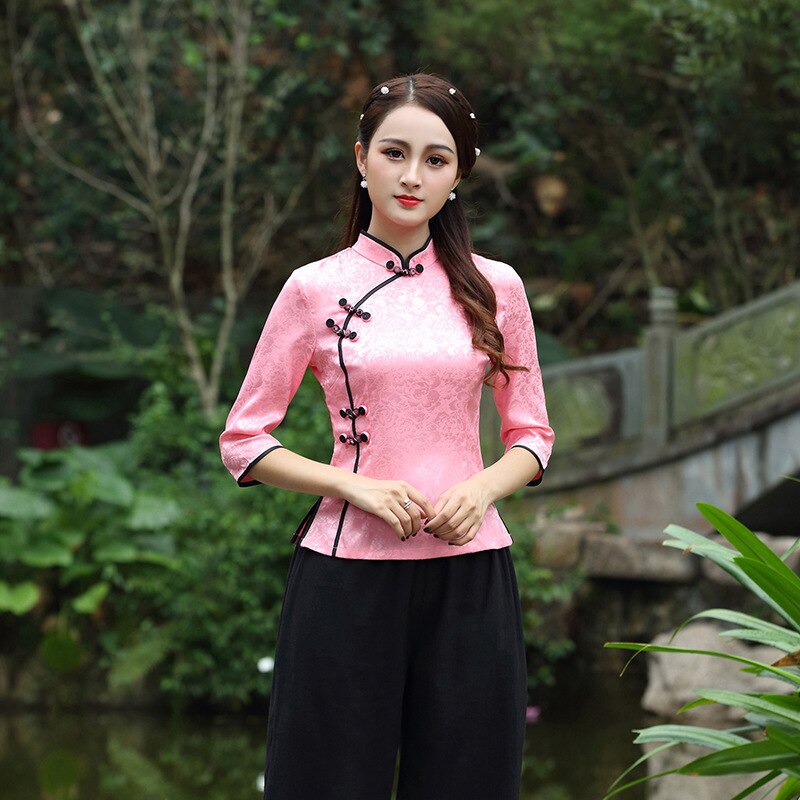 Chinese Tops Blouse Tang Ancient Chinese Style Seven Sleeve Cheongsam Shirts Jacket Tea Service Chinese Clothing Store Plus Size